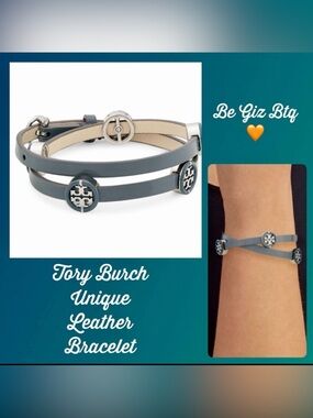 Tory Burch Authentic Miller Silver & Leather Blue Enamel Double Wrap Bracelet